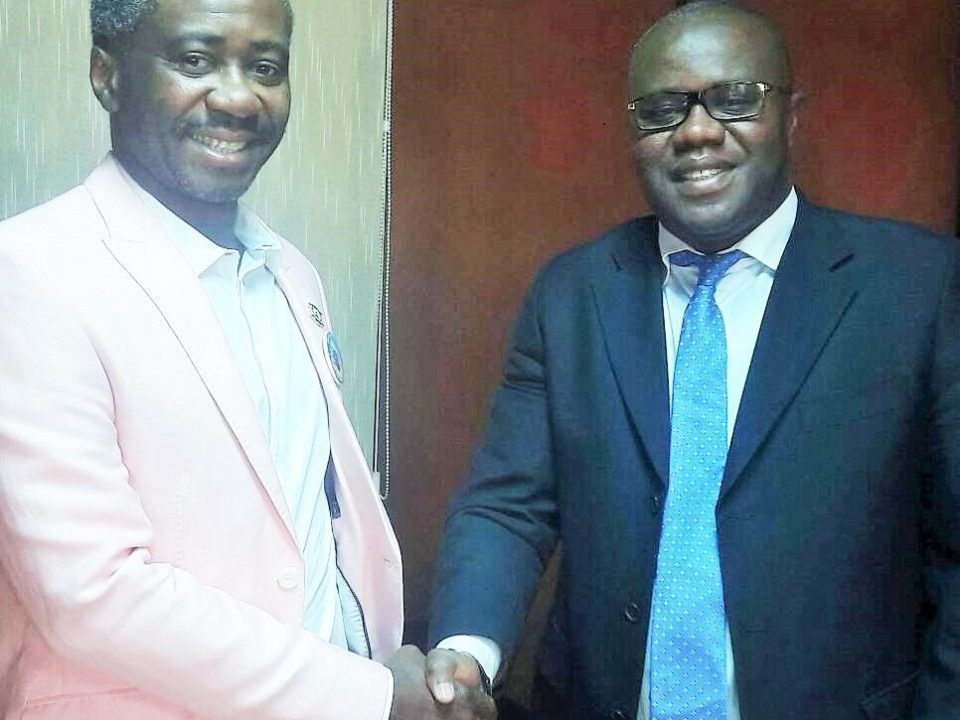 Commissioner Kollie Jr (left) welcomes to his office the Secretary General of the FCWC, Mr. Seraphin Dedi Nadje