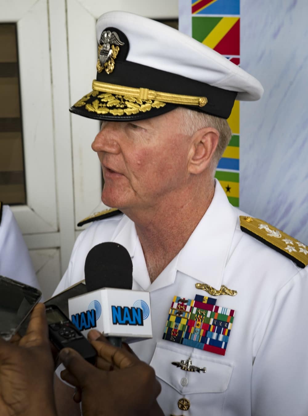 Photo By Petty Officer 1st Class Kyle Steckler | 190322-N-RG482-0429 LAGOS, Nigeria (March 22, 2019) Adm. James G. Foggo III, commander of U.S. Naval Forces Europe-Africa and Allied Joint Force Command Naples, Italy, speaks at a press conference after the closing ceremony of exercise Obangame Express 2019 in Lagos, Nigeria, March 22, 2019. Obangame Express, sponsored by U.S. Africa Command, is designed to improve regional cooperation, maritime domain awareness, information-sharing practices, and tactical interdiction expertise to enhance the collective capabilities of Gulf of Guinea and West African nations to counter sea-based illicit activity. (U.S. Navy photo by Mass Communication Specialist 1st Class Kyle Steckler/Released)